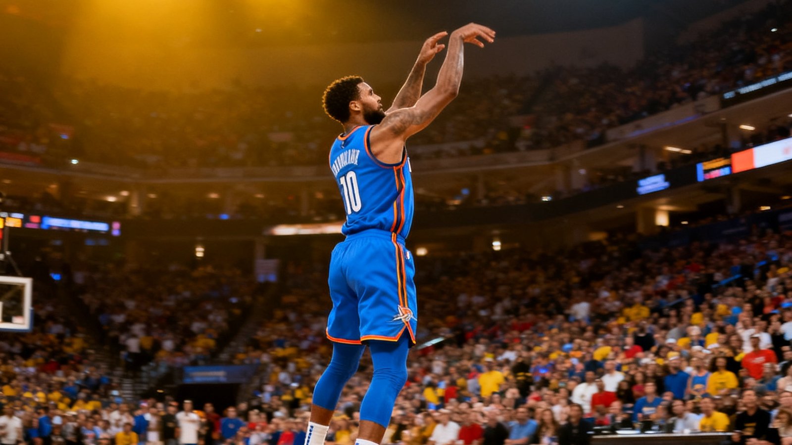 NBA比赛中一名身穿蓝色球衣的控球后卫在三分线外跳投的瞬间，篮球在空中划出弧线，背景是明亮的球场灯光和沸腾的观众席