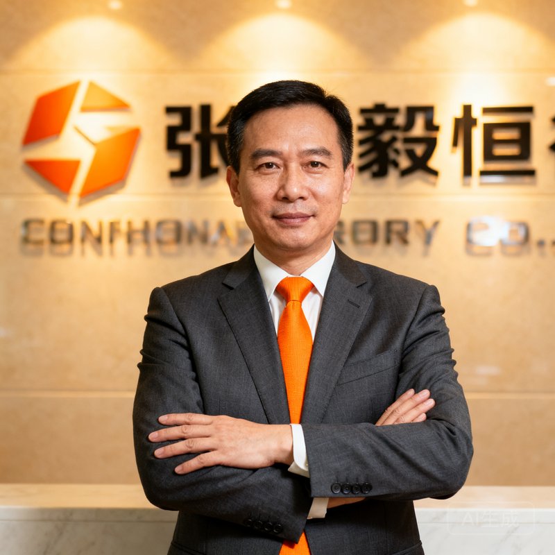 友博体育创始人兼CEO张毅恒的商务半身照，他约40岁穿着深灰色西装搭配橙色领带，双手交叉放在胸前，背景是公司logo墙