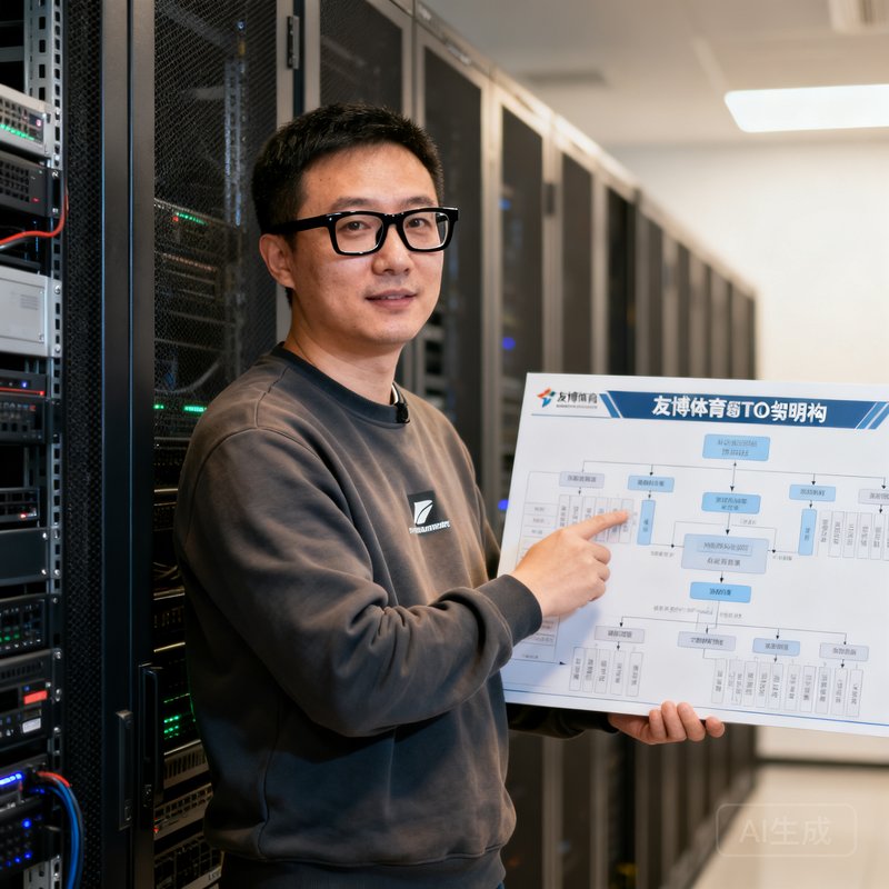 友博体育CTO李明远的侧面半身照，他戴着黑框眼镜穿着休闲卫衣，站在服务器机柜前展示技术架构图